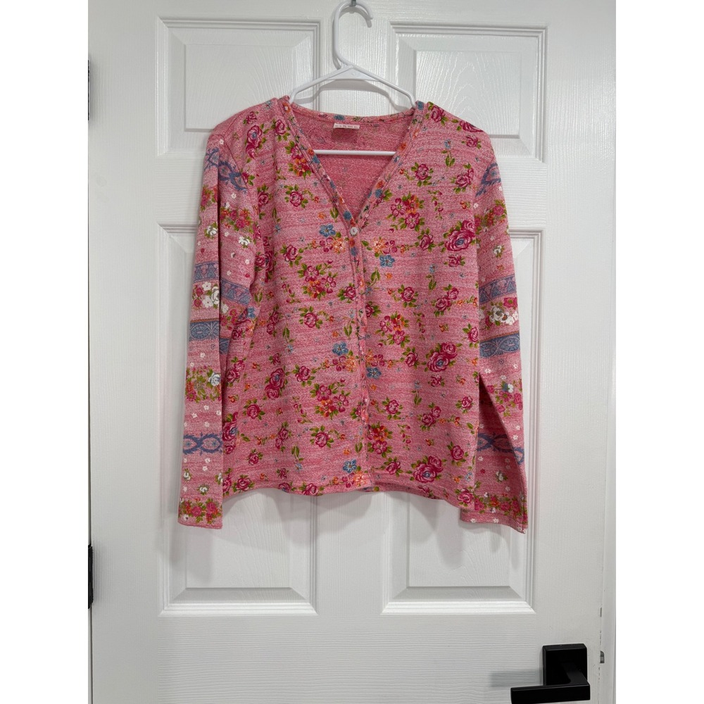 Vintage Stamp Winget Pink Floral Cardigan Women's S 100% Cotton Made USA